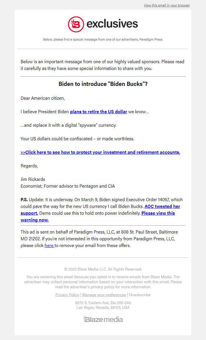 Screenshot of the email generated on import