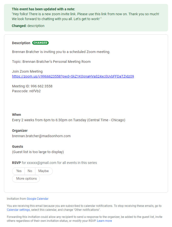 Screenshot of the email generated on import