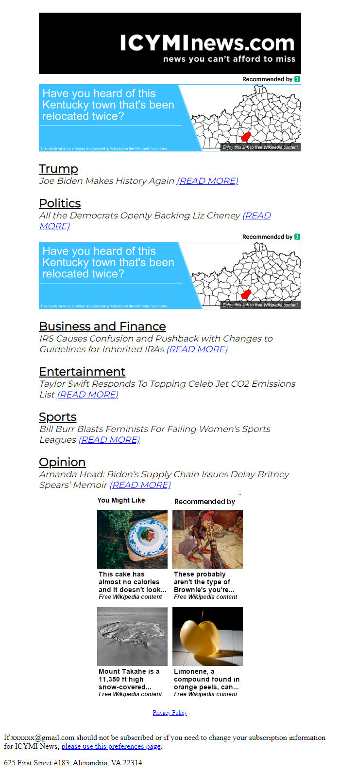 Screenshot of the email generated on import