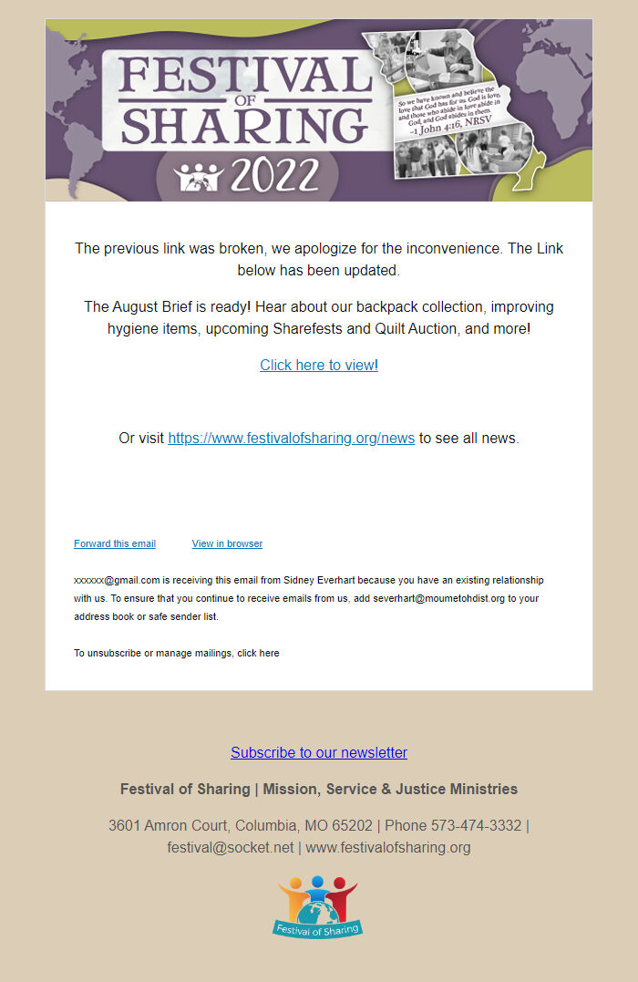 Screenshot of the email generated on import