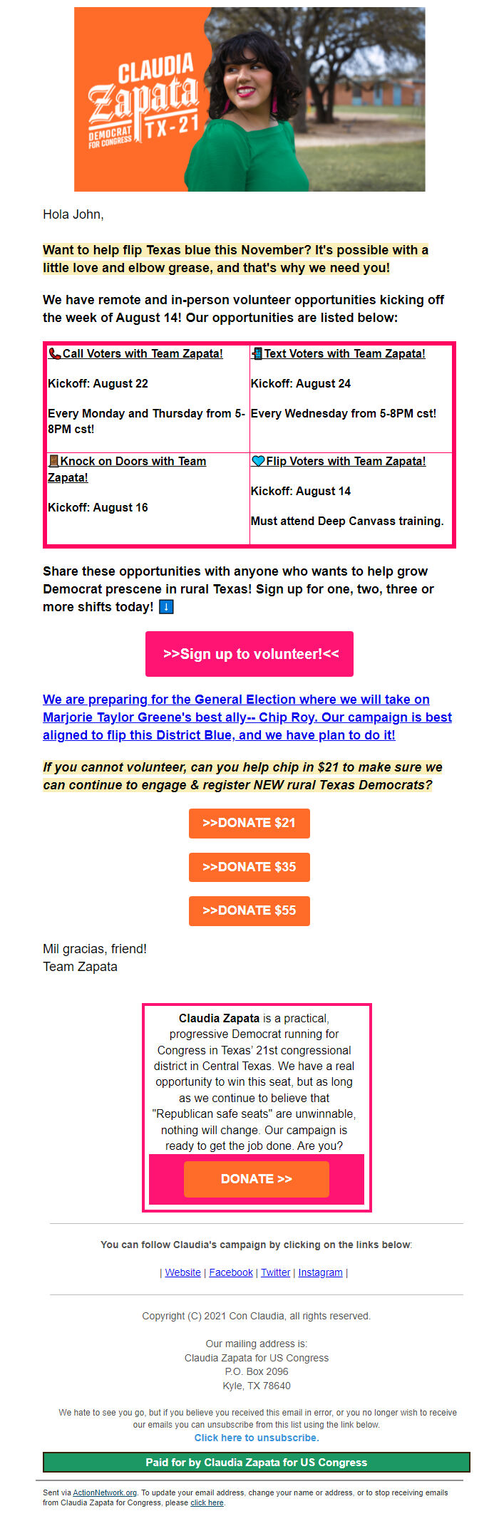 Screenshot of the email generated on import