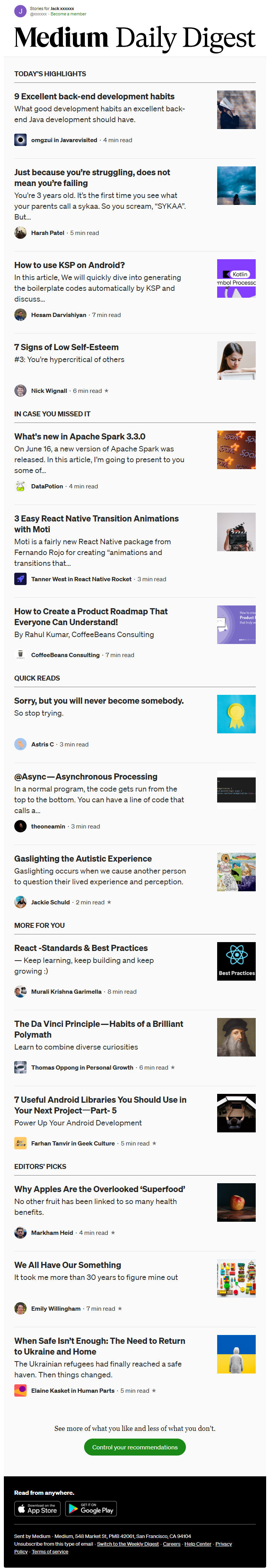 Screenshot of the email generated on import