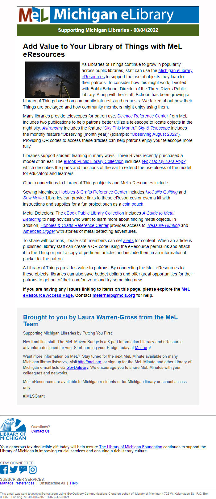 Screenshot of the email generated on import