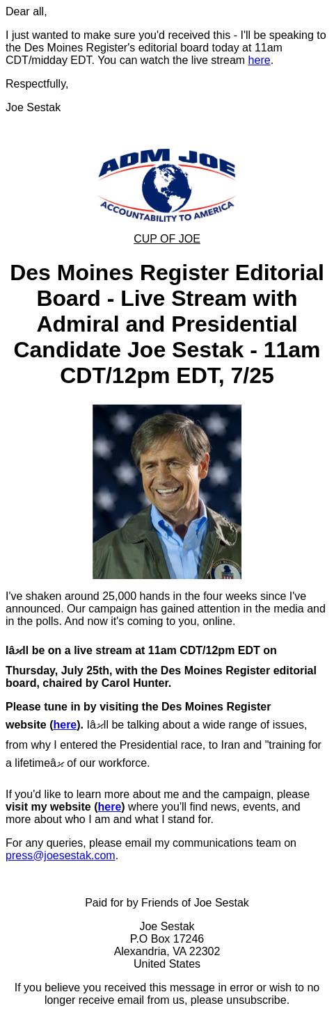 Screenshot of the email generated on import