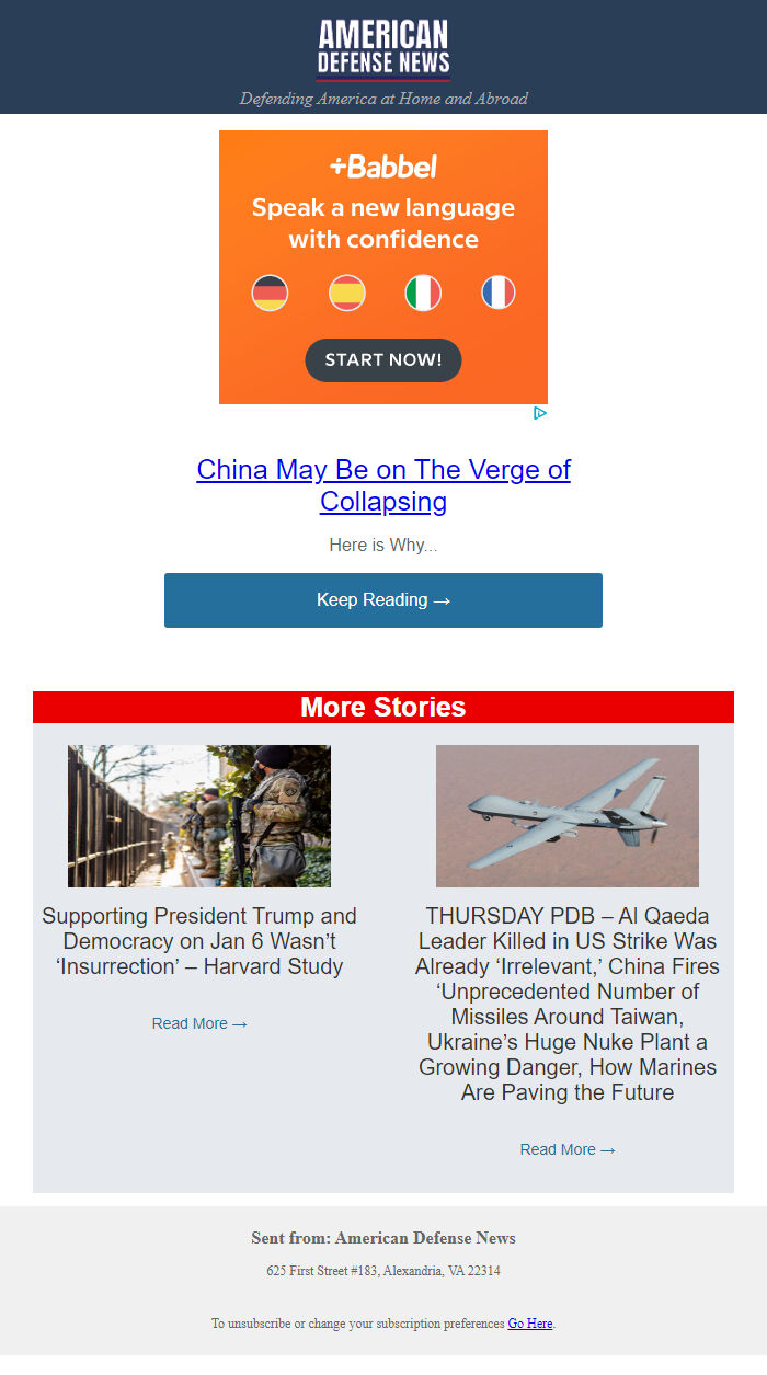 Screenshot of the email generated on import