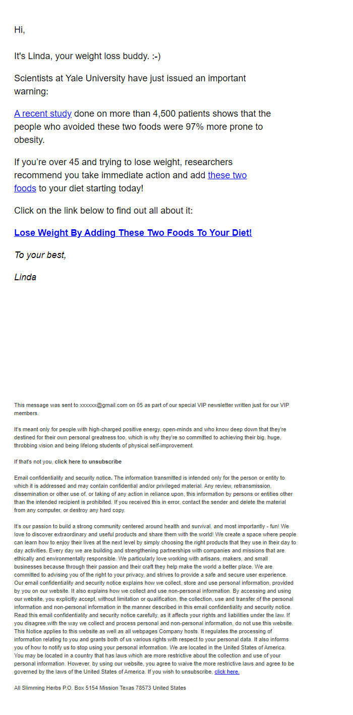 Screenshot of the email generated on import
