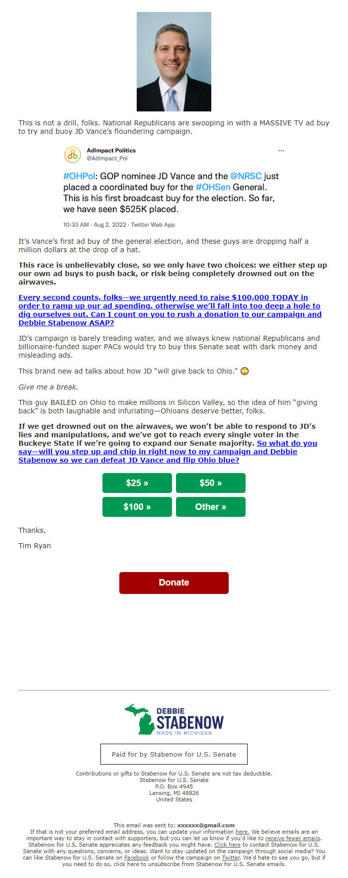 Screenshot of the email generated on import