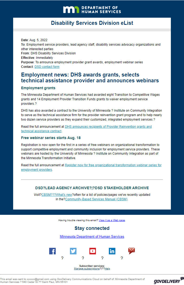 Screenshot of the email generated on import