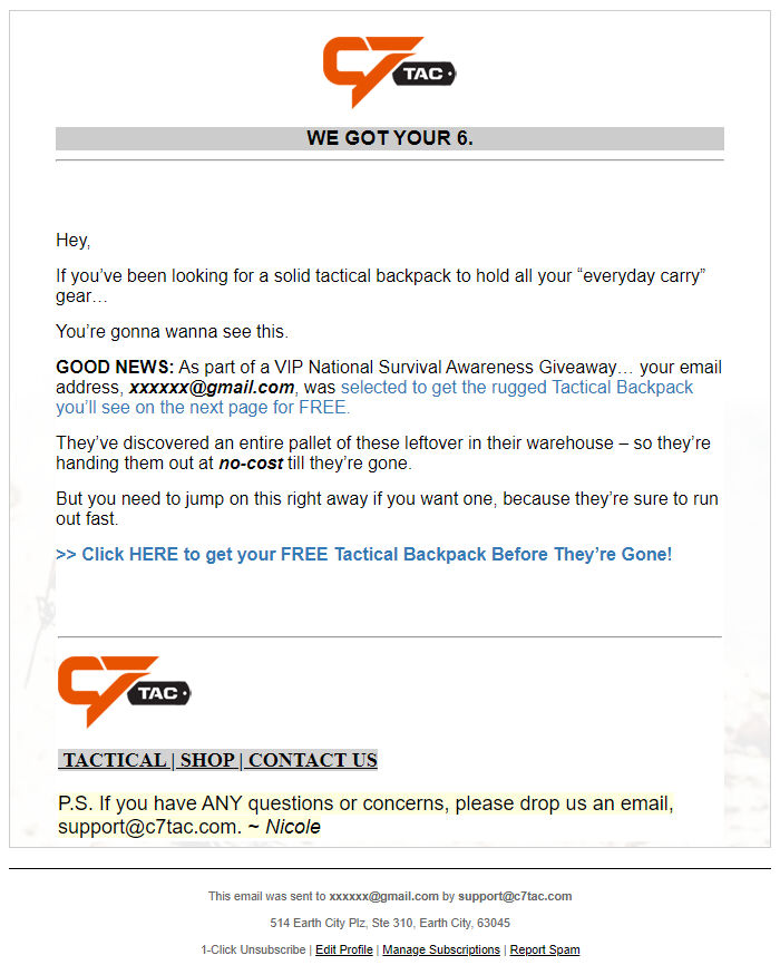 Screenshot of the email generated on import