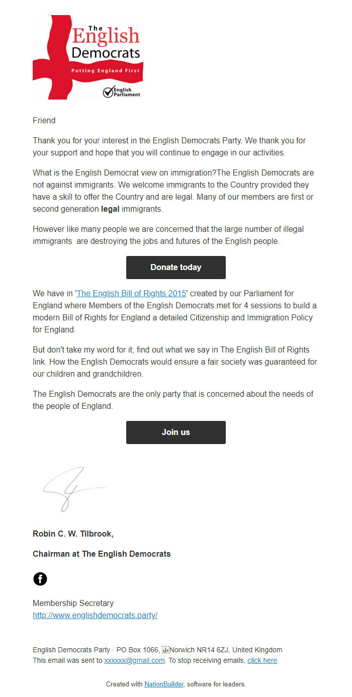 Screenshot of the email generated on import