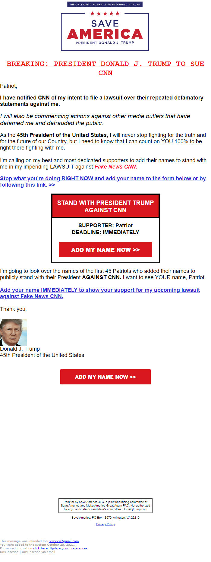 Screenshot of the email generated on import