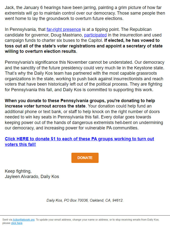 Screenshot of the email generated on import
