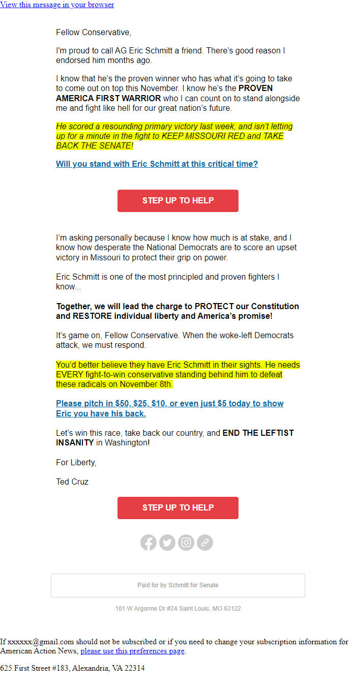 Screenshot of the email generated on import