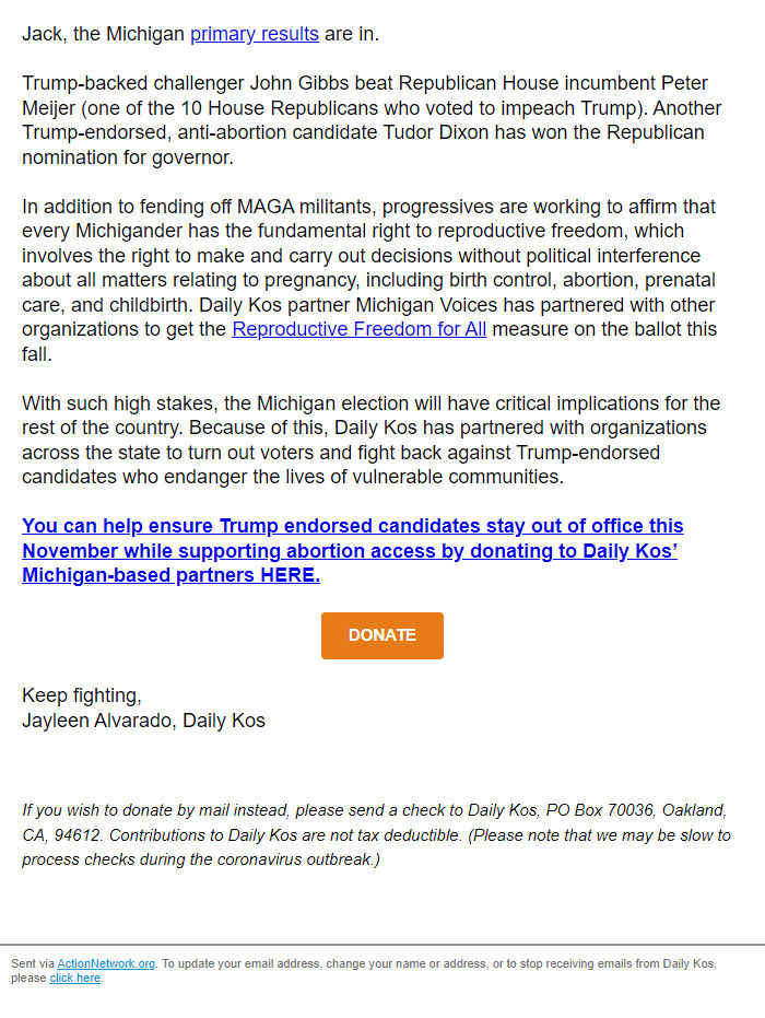 Screenshot of the email generated on import
