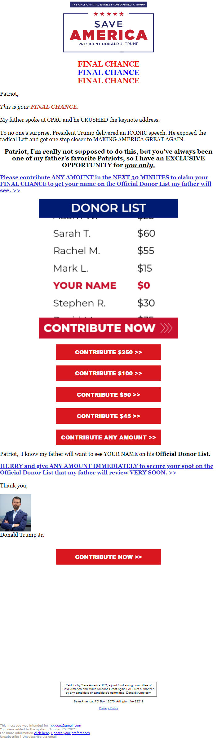 Screenshot of the email generated on import