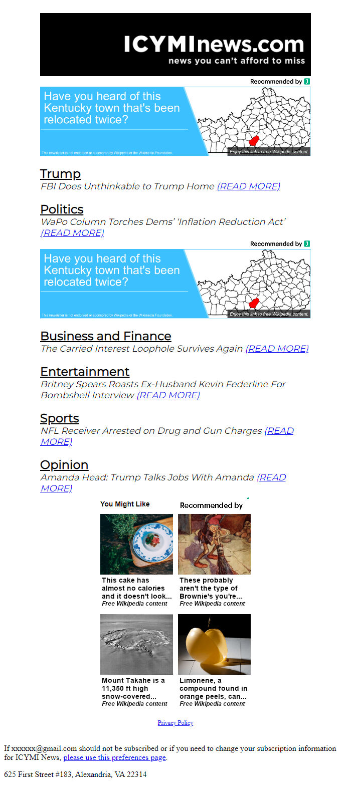 Screenshot of the email generated on import