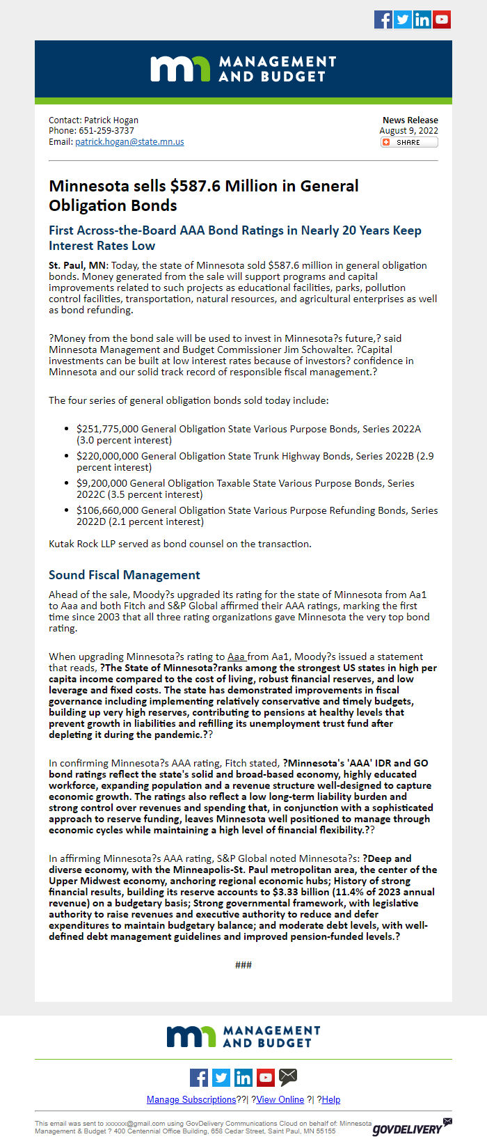 Screenshot of the email generated on import
