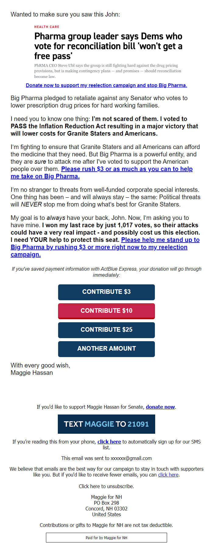 Screenshot of the email generated on import