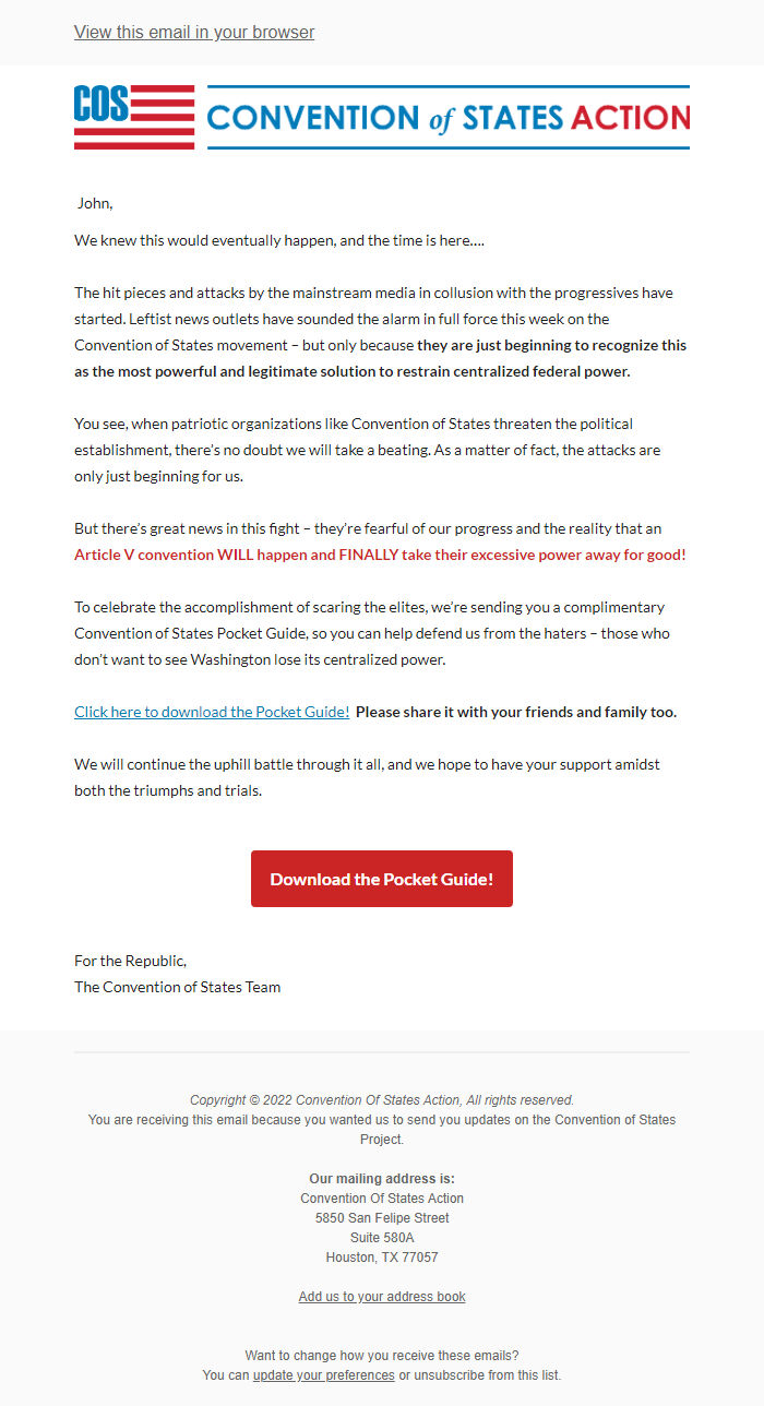 Screenshot of the email generated on import