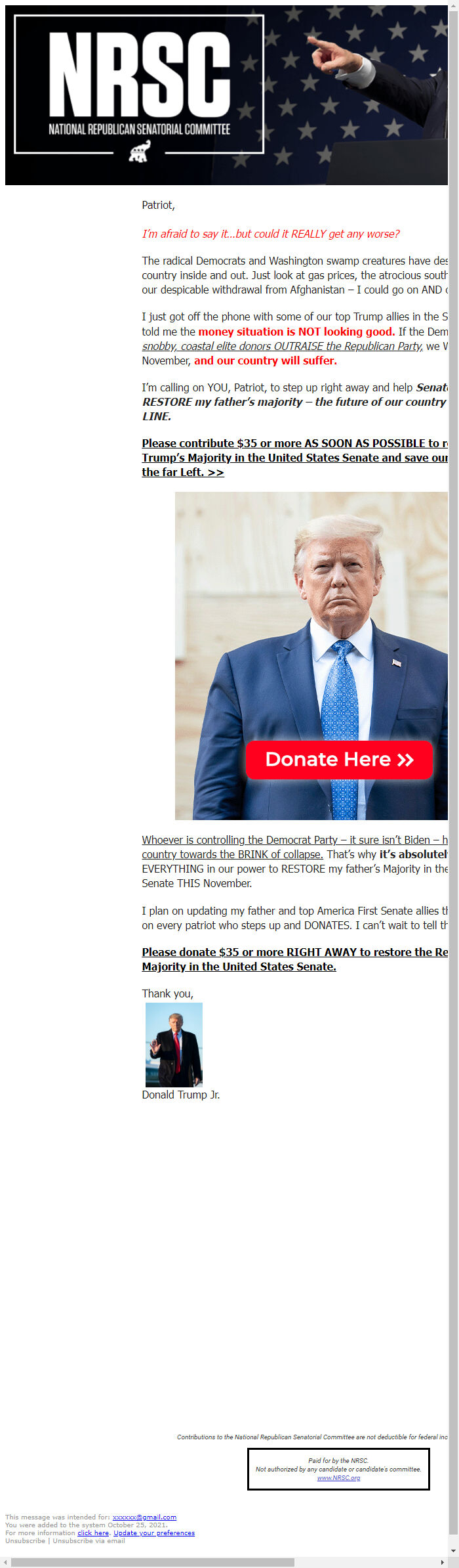Screenshot of the email generated on import