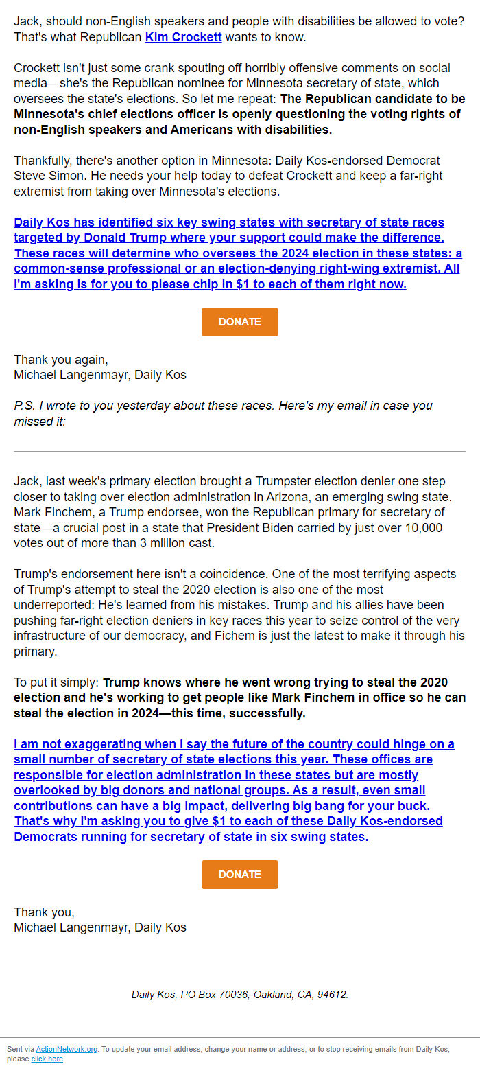 Screenshot of the email generated on import