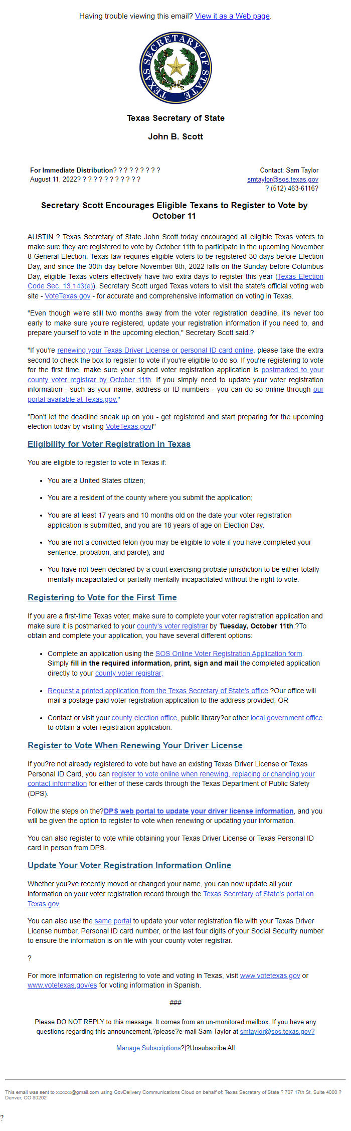 Screenshot of the email generated on import