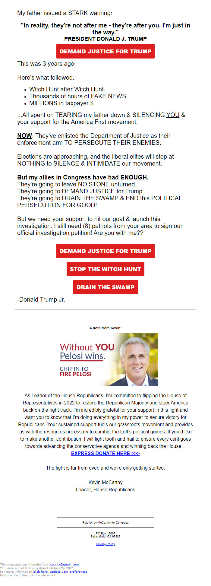 Screenshot of the email generated on import