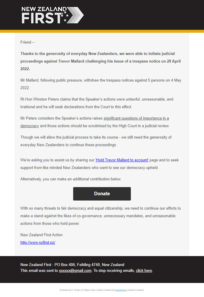 Screenshot of the email generated on import