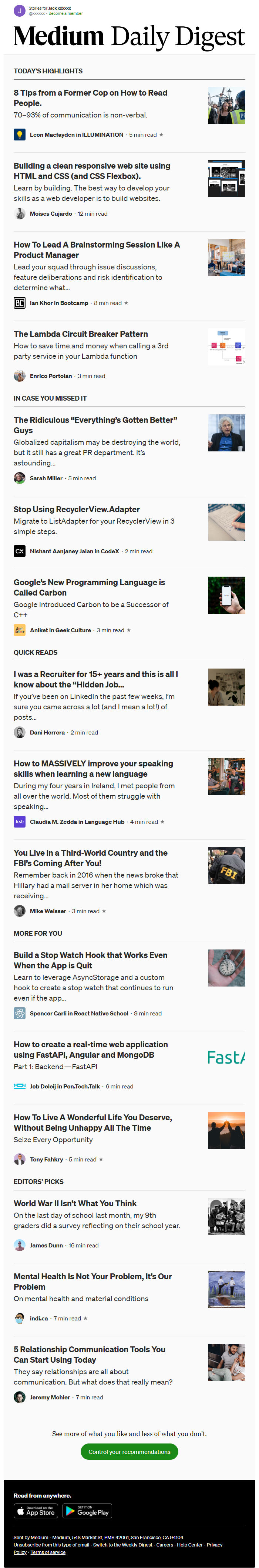 Screenshot of the email generated on import