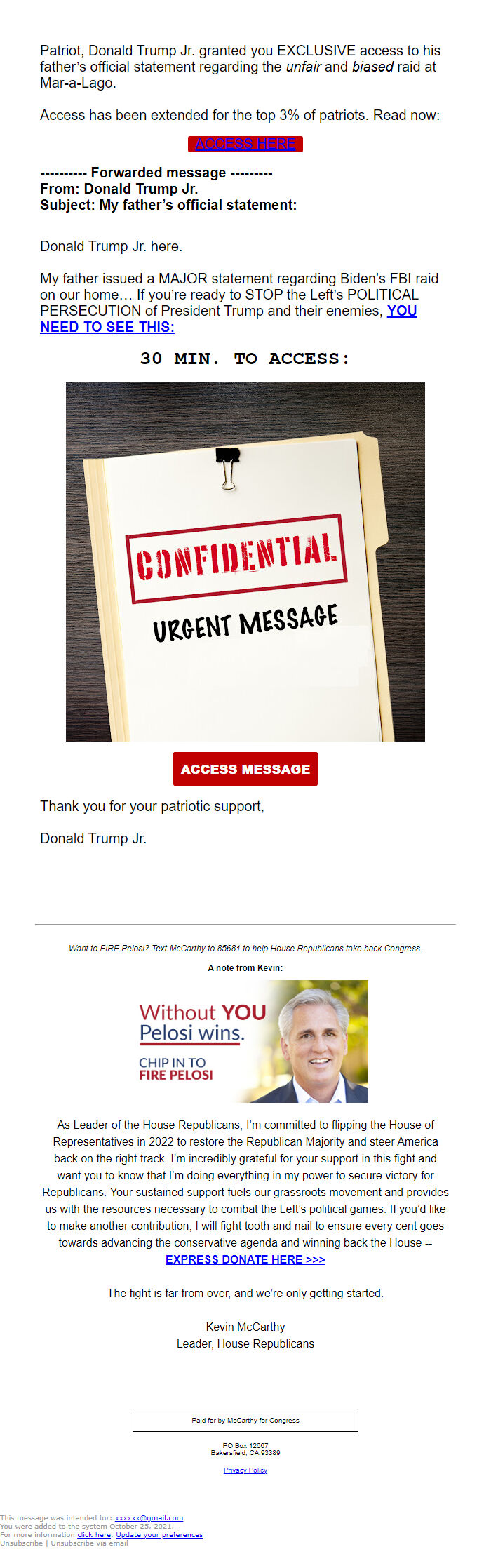 Screenshot of the email generated on import