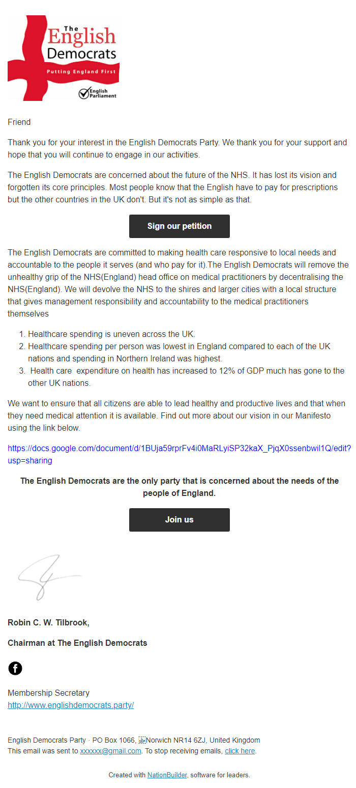 Screenshot of the email generated on import