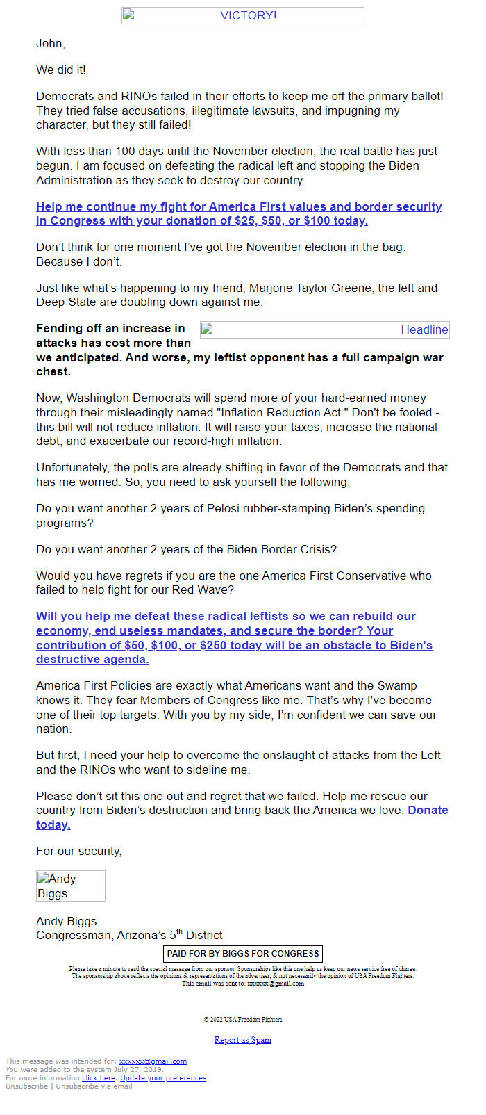 Screenshot of the email generated on import