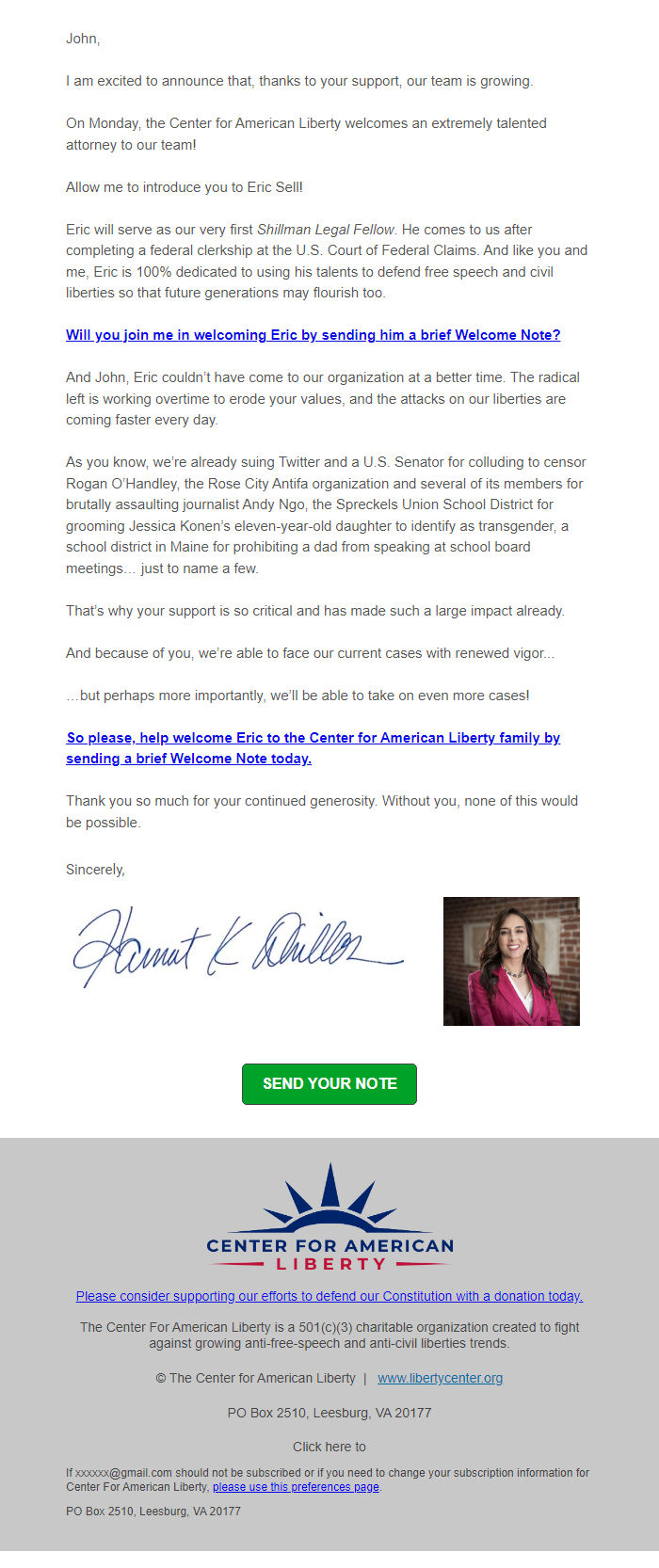 Screenshot of the email generated on import
