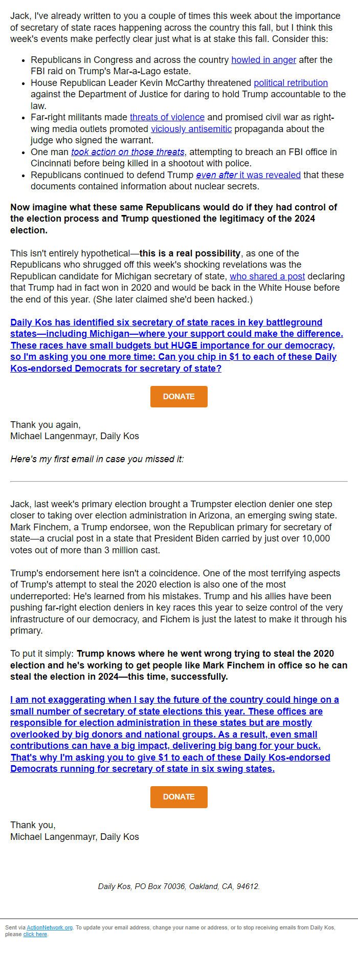 Screenshot of the email generated on import