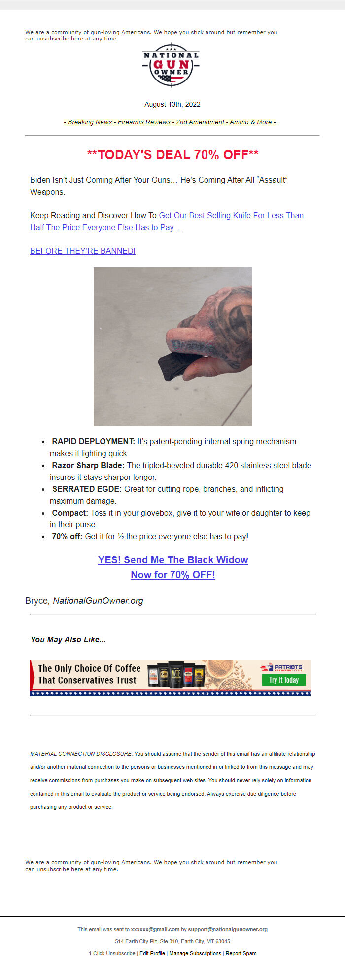 Screenshot of the email generated on import