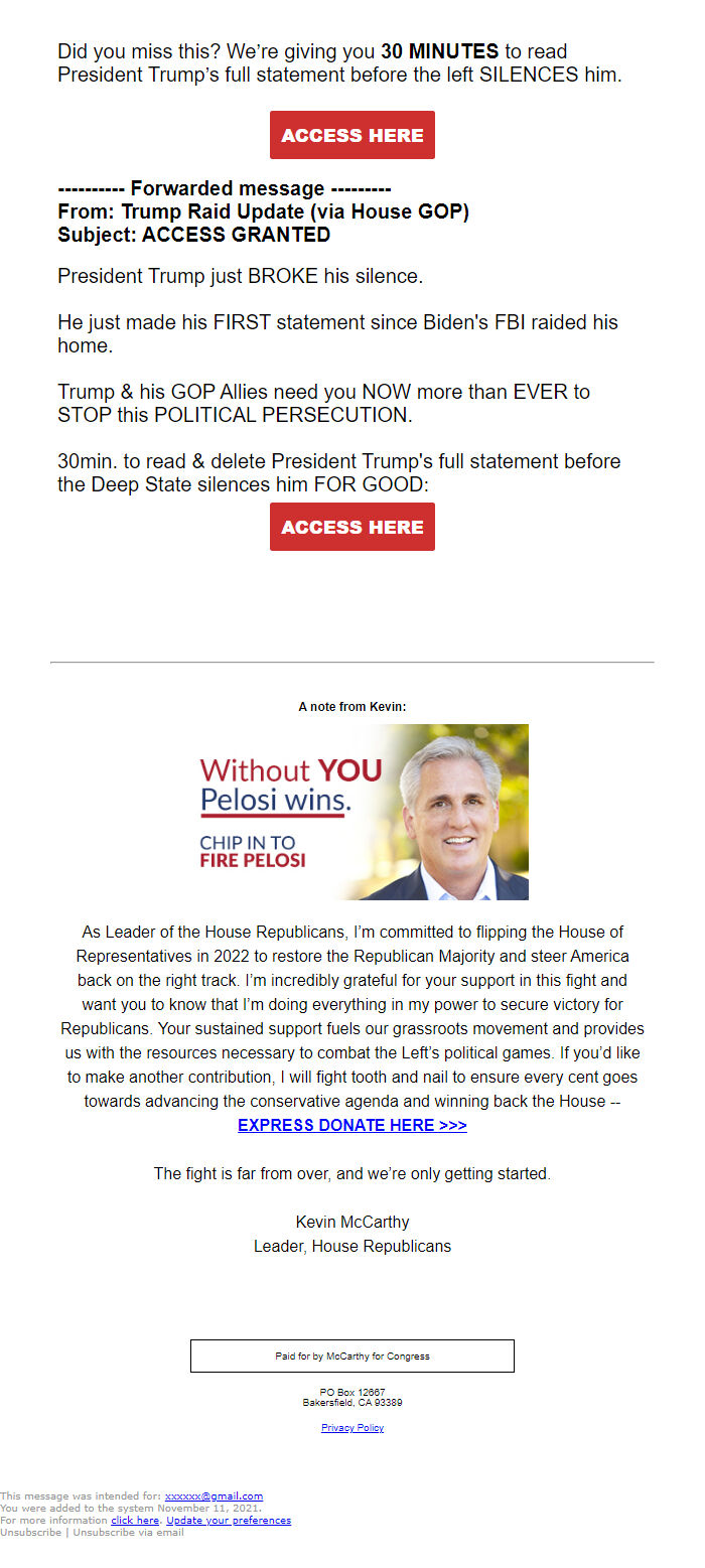 Screenshot of the email generated on import