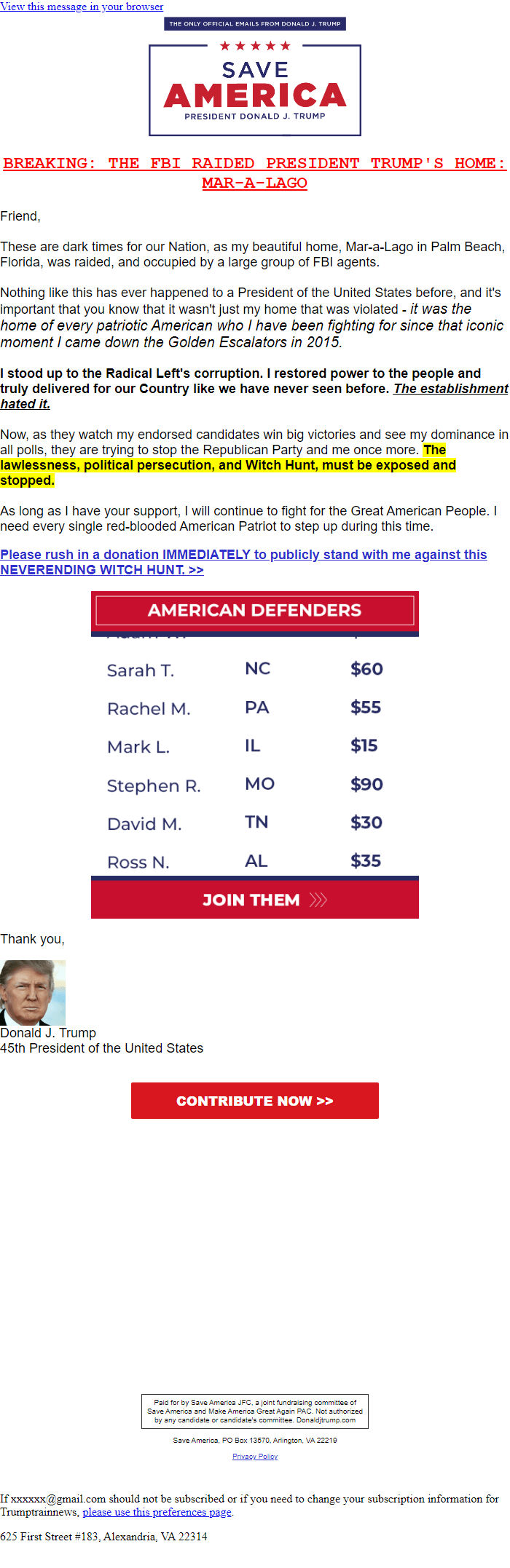 Screenshot of the email generated on import