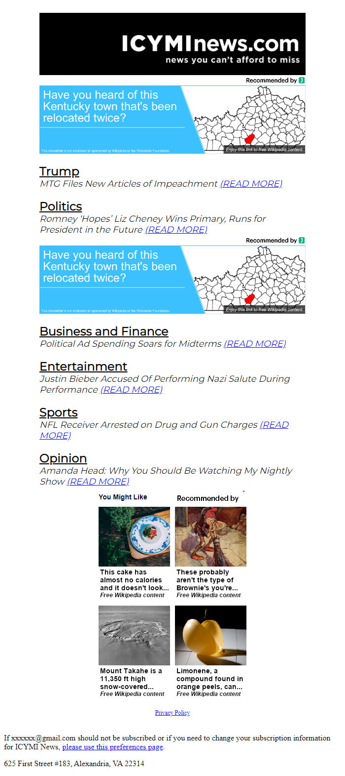 Screenshot of the email generated on import