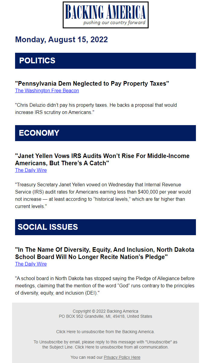 Screenshot of the email generated on import