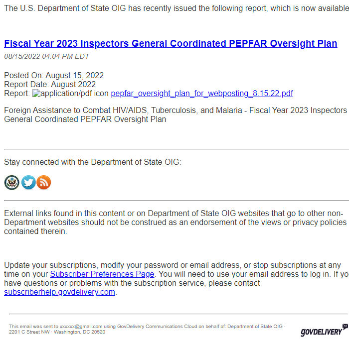 Screenshot of the email generated on import