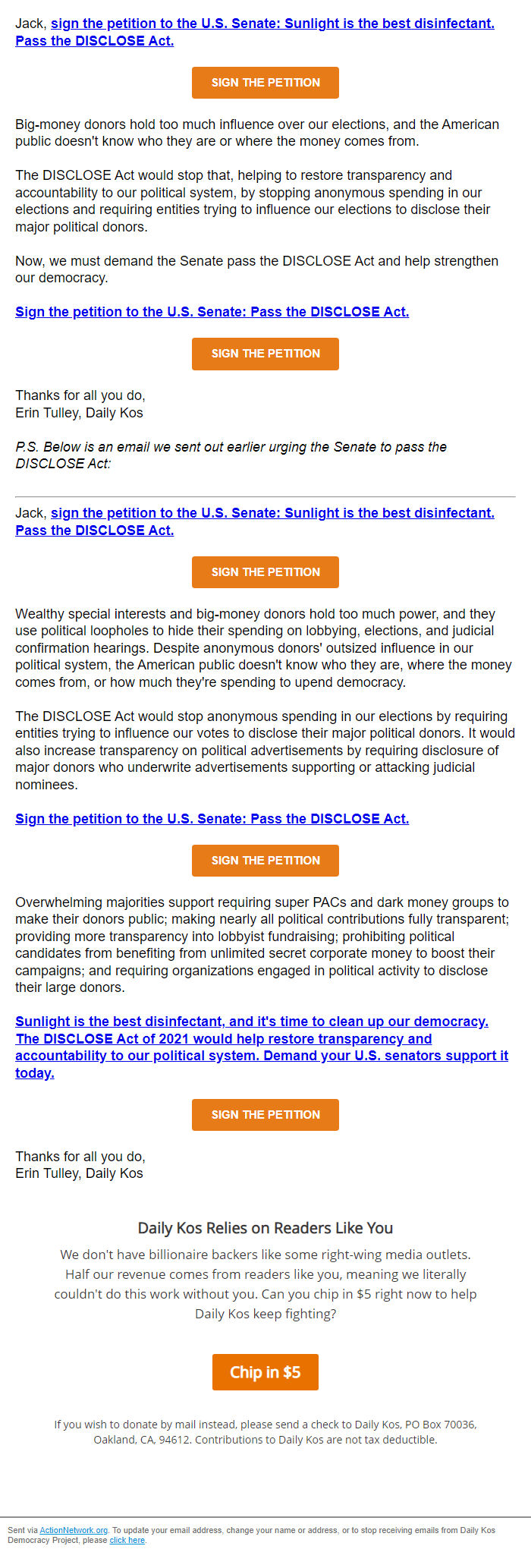 Screenshot of the email generated on import