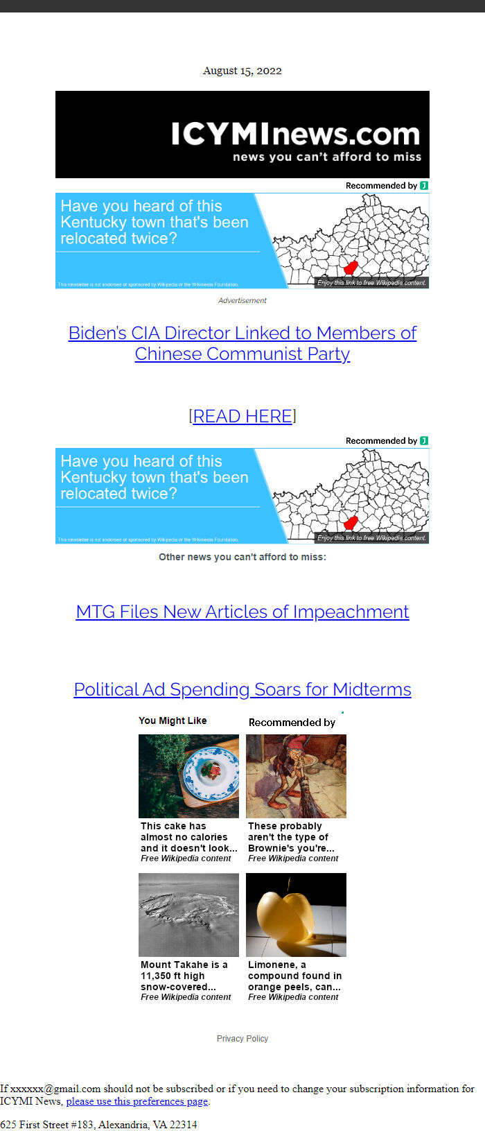 Screenshot of the email generated on import