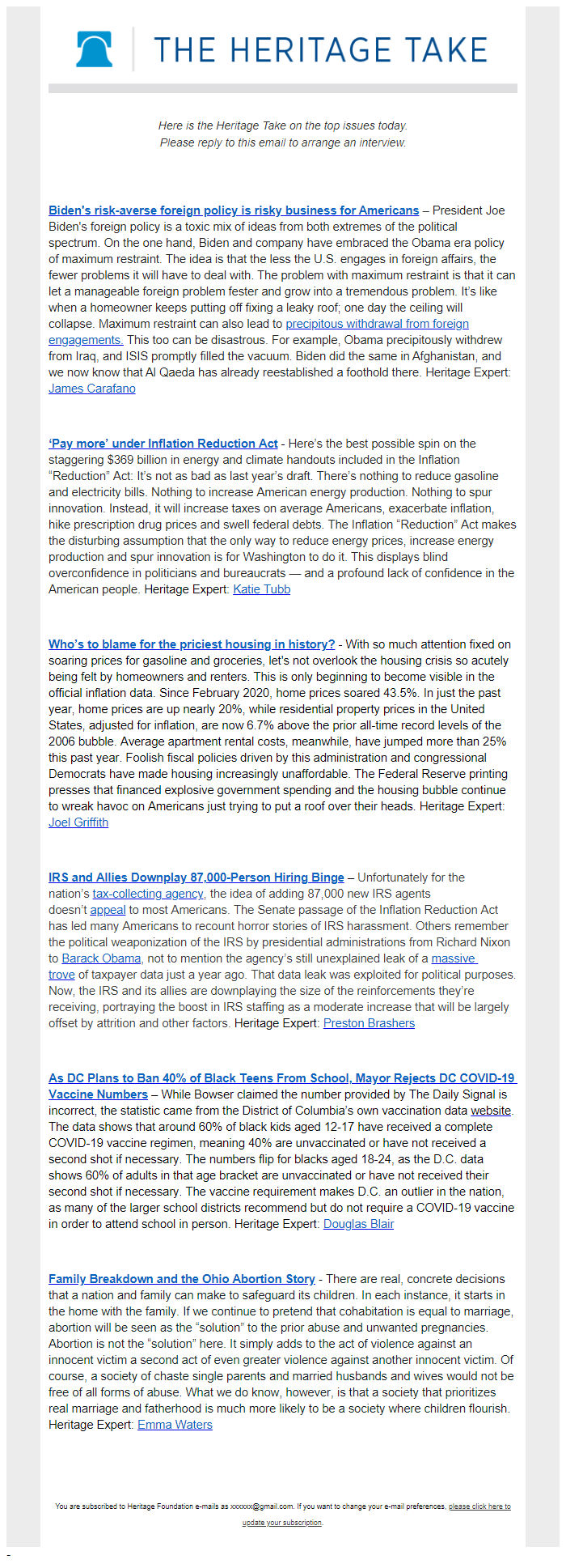 Screenshot of the email generated on import