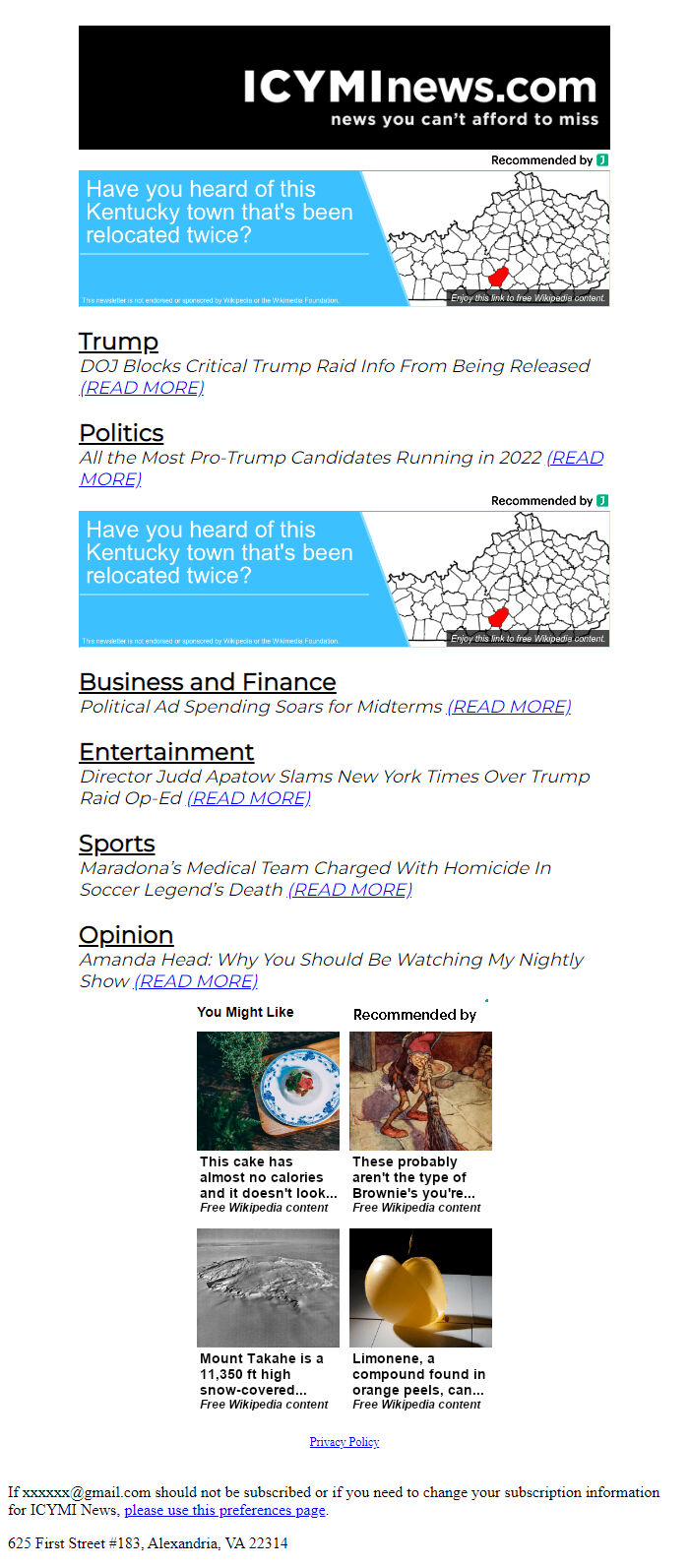 Screenshot of the email generated on import