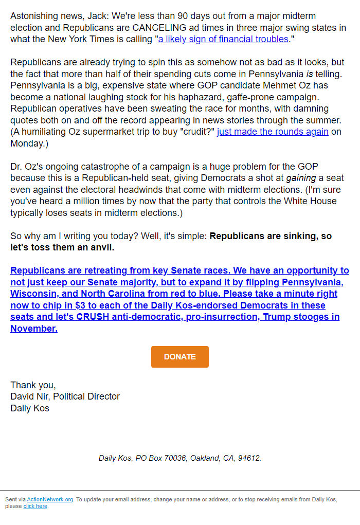 Screenshot of the email generated on import