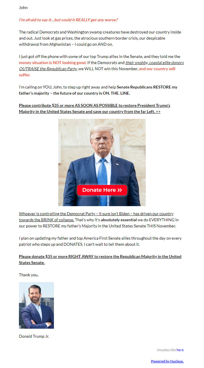 Screenshot of the email generated on import