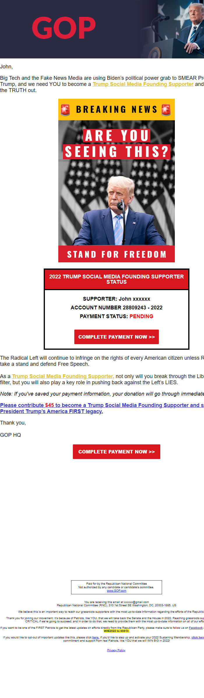 Screenshot of the email generated on import