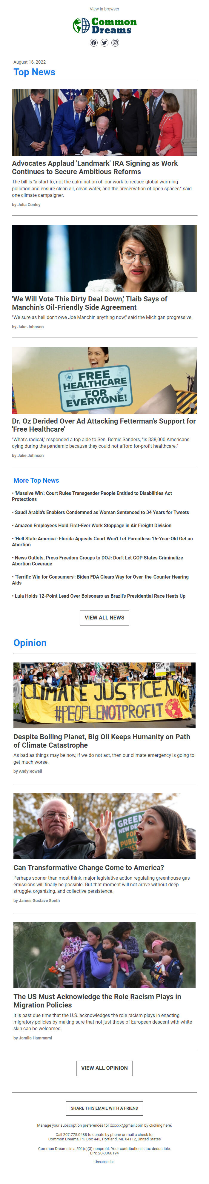 Screenshot of the email generated on import