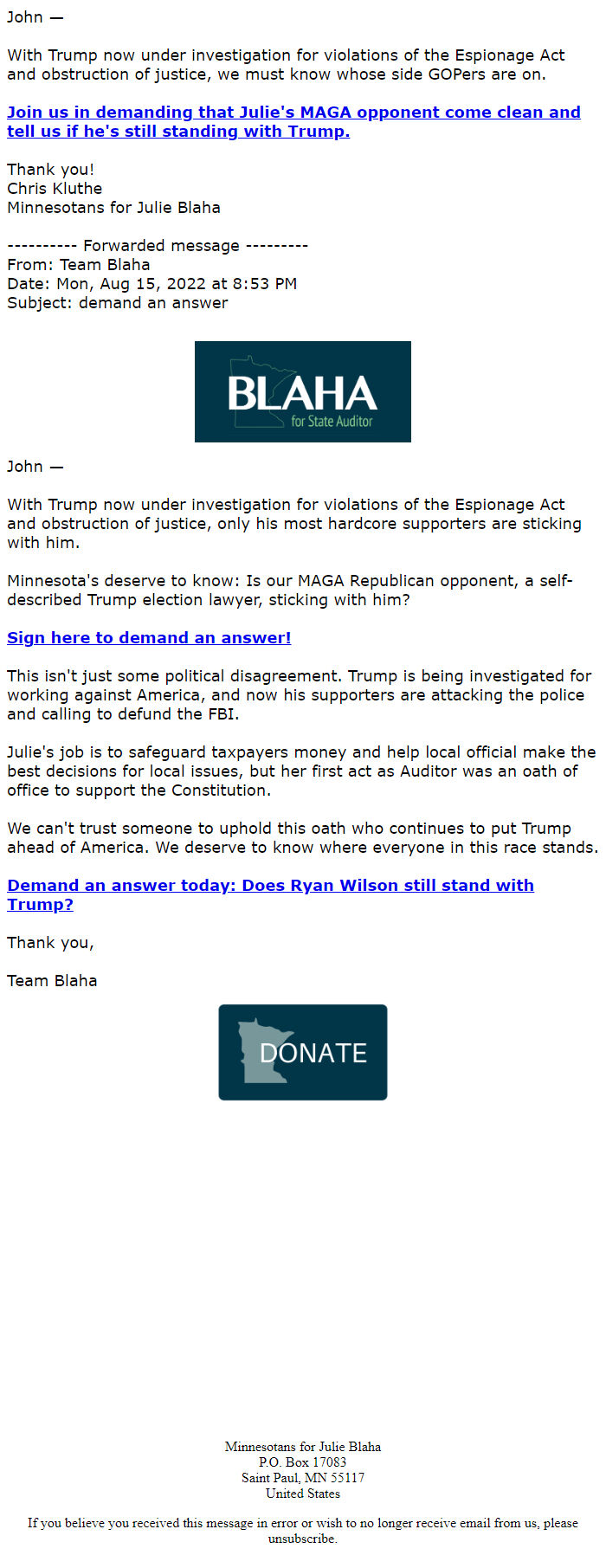 Screenshot of the email generated on import