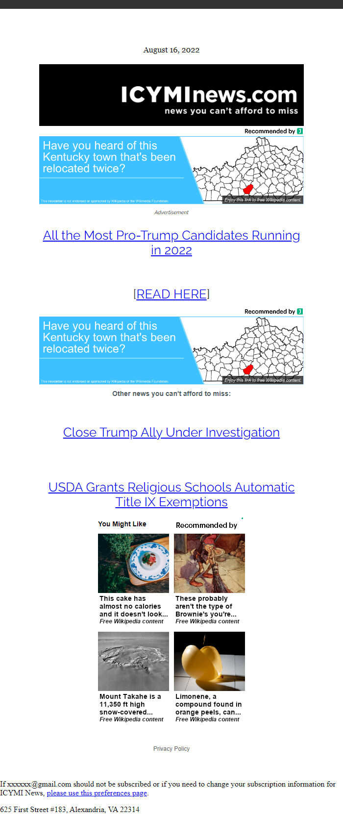 Screenshot of the email generated on import